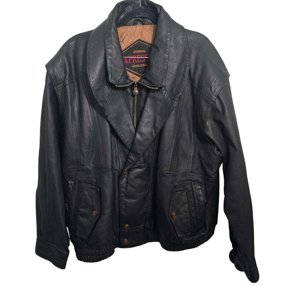 Original Expressions Worldwide Mens Black Genuine Leather Bomber Jacket XL‎ 46